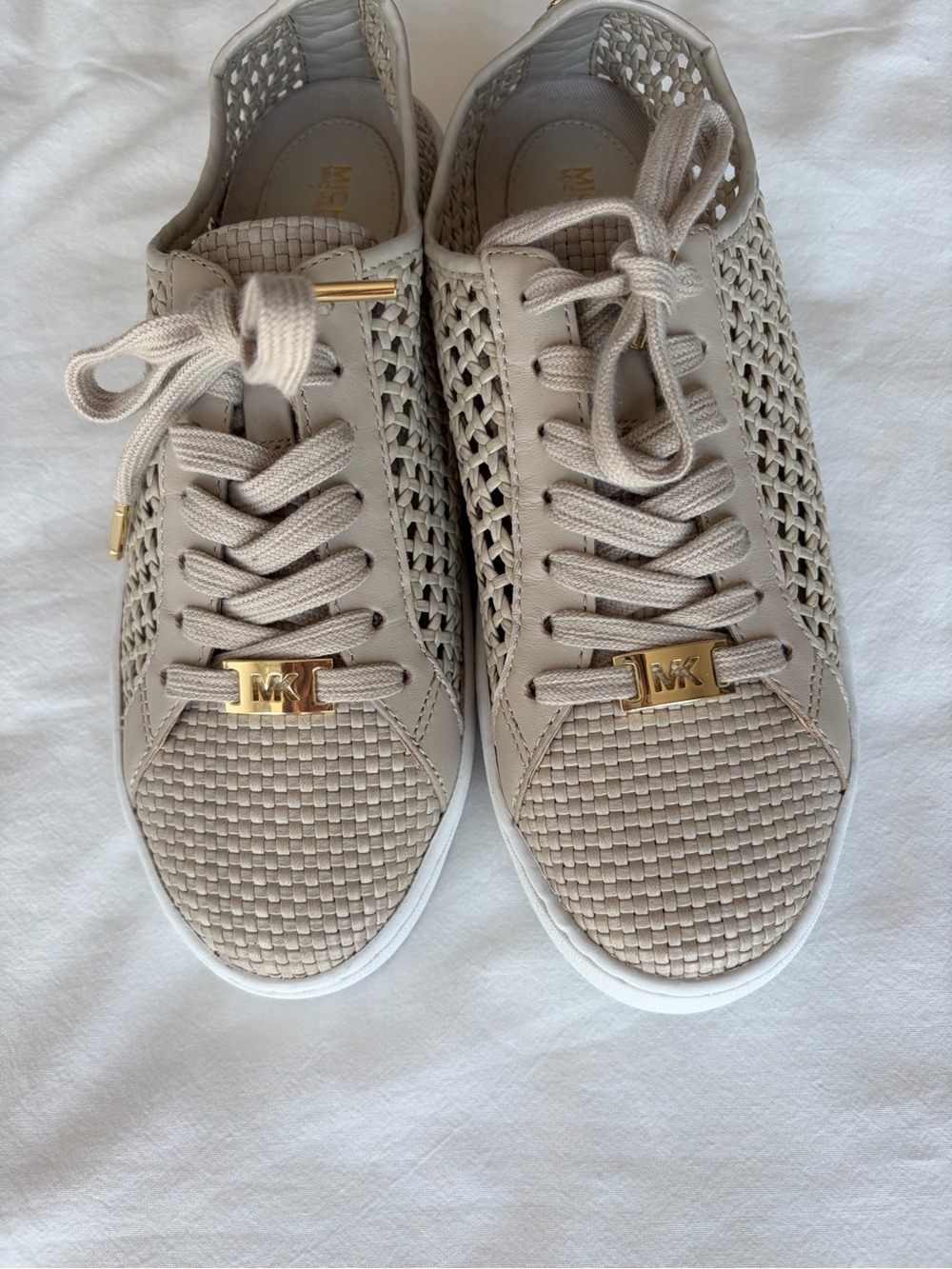 MICHAEL Michael Kors Beige Woven Lace-Up Sneakers with Gold MK Accents